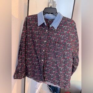 Vintage 90s Chic Black Floral Shirt with Blue Denim Collar